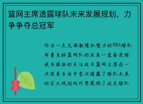 篮网主席透露球队未来发展规划，力争争夺总冠军